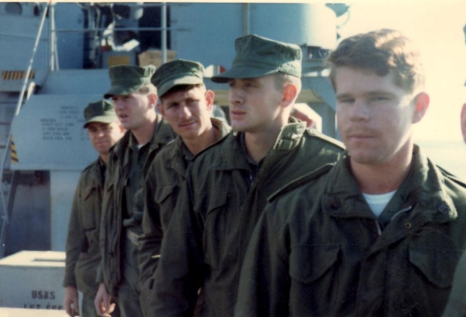 Bobby Dyer standing in formation with fellow Marines aboard ship
